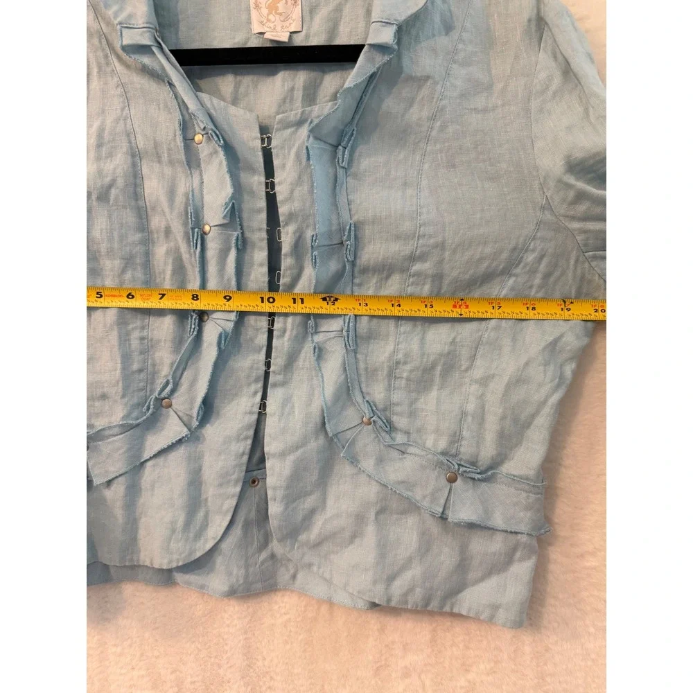 Think Tank Women L 100% Linen Ruffle Hook Eye Cropped Jacket Blazer 3/4 Sleeve